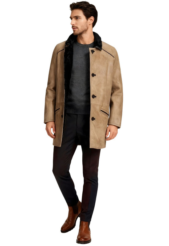Men's sheepskin coat in camel on a model in angled view, with a dark collar and open front edges.