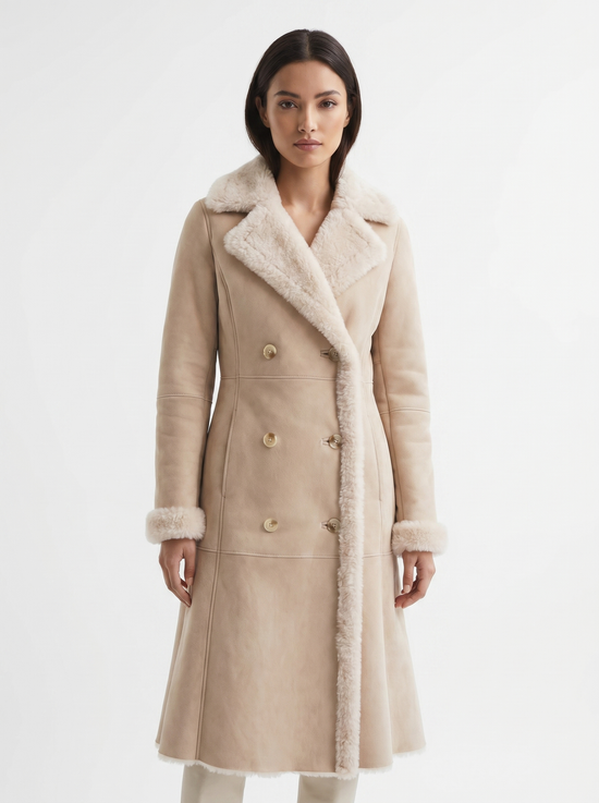 Beige women’s sheepskin coat shown frontally, with wide lapels, buttons and soft fur trim.