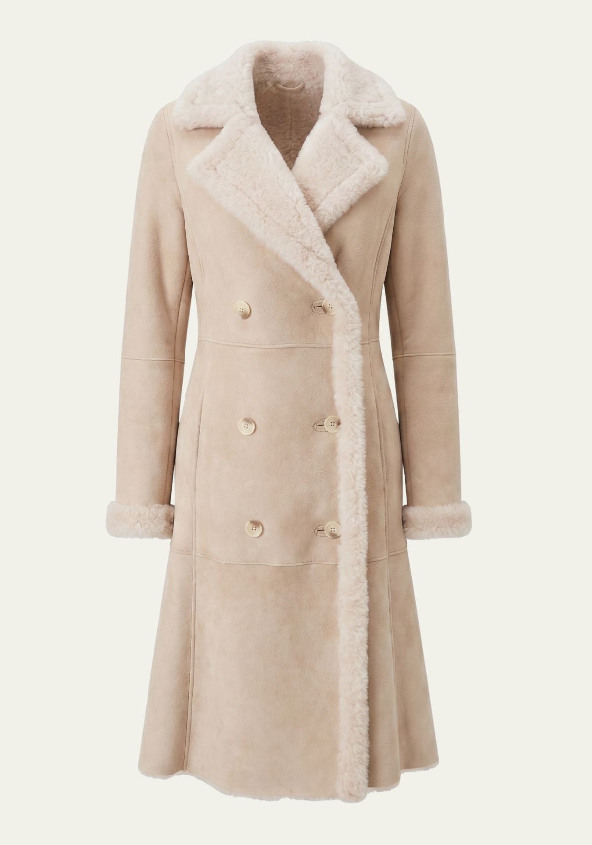 Beige women’s sheepskin coat shown from the front, with wide lapels and button fastening.