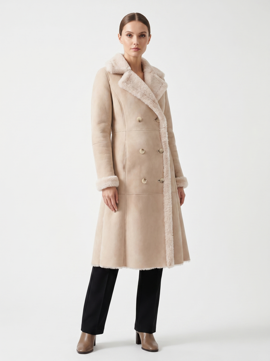 Beige women’s sheepskin coat shown front on, with wide lapels, button fastening and an A-line shape.