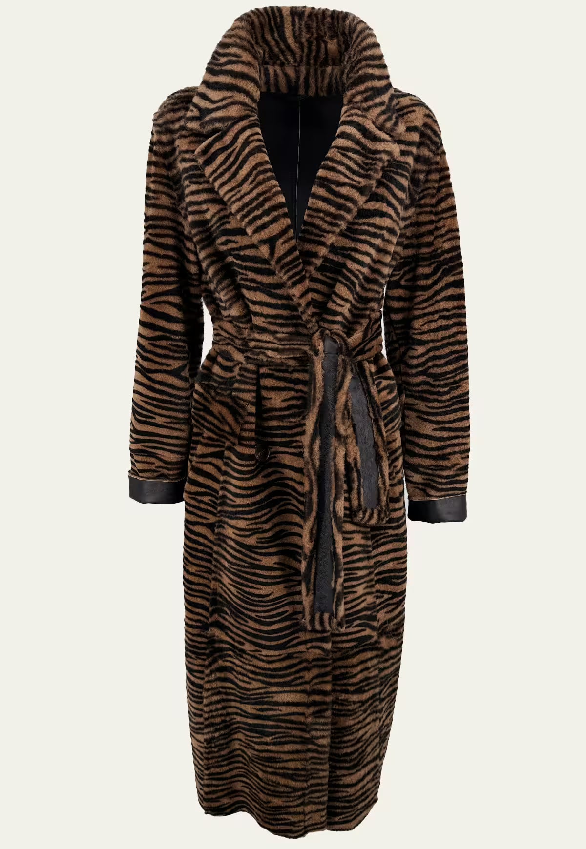 Sheepskin coat in brown and black tiger look, cut out and shown closed from the front.