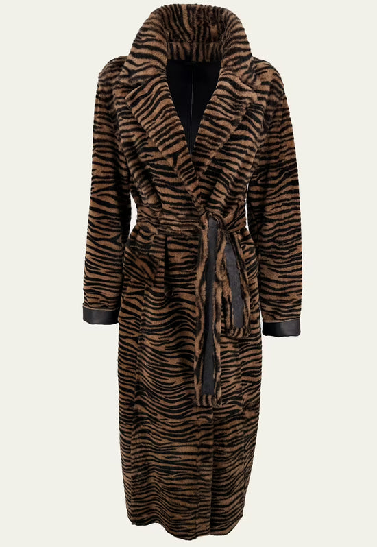 Sheepskin coat in brown and black tiger look, cut out and shown closed from the front.
