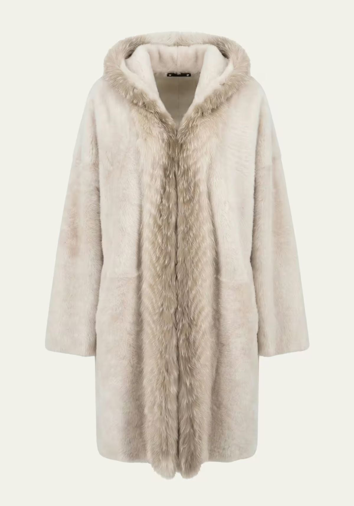 Cream women’s sheepskin coat shown from the front with hood and wide fur trim.