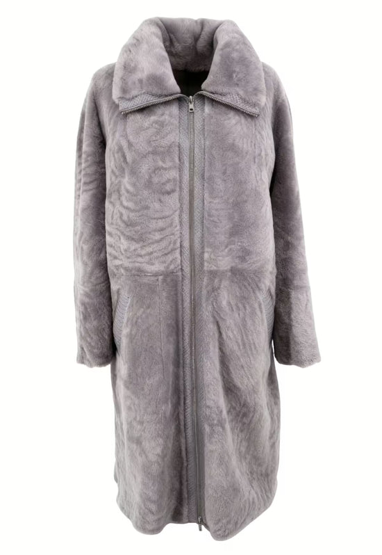 Grey women's sheepskin coat in curly sheepskin shown from the front with a wide collar