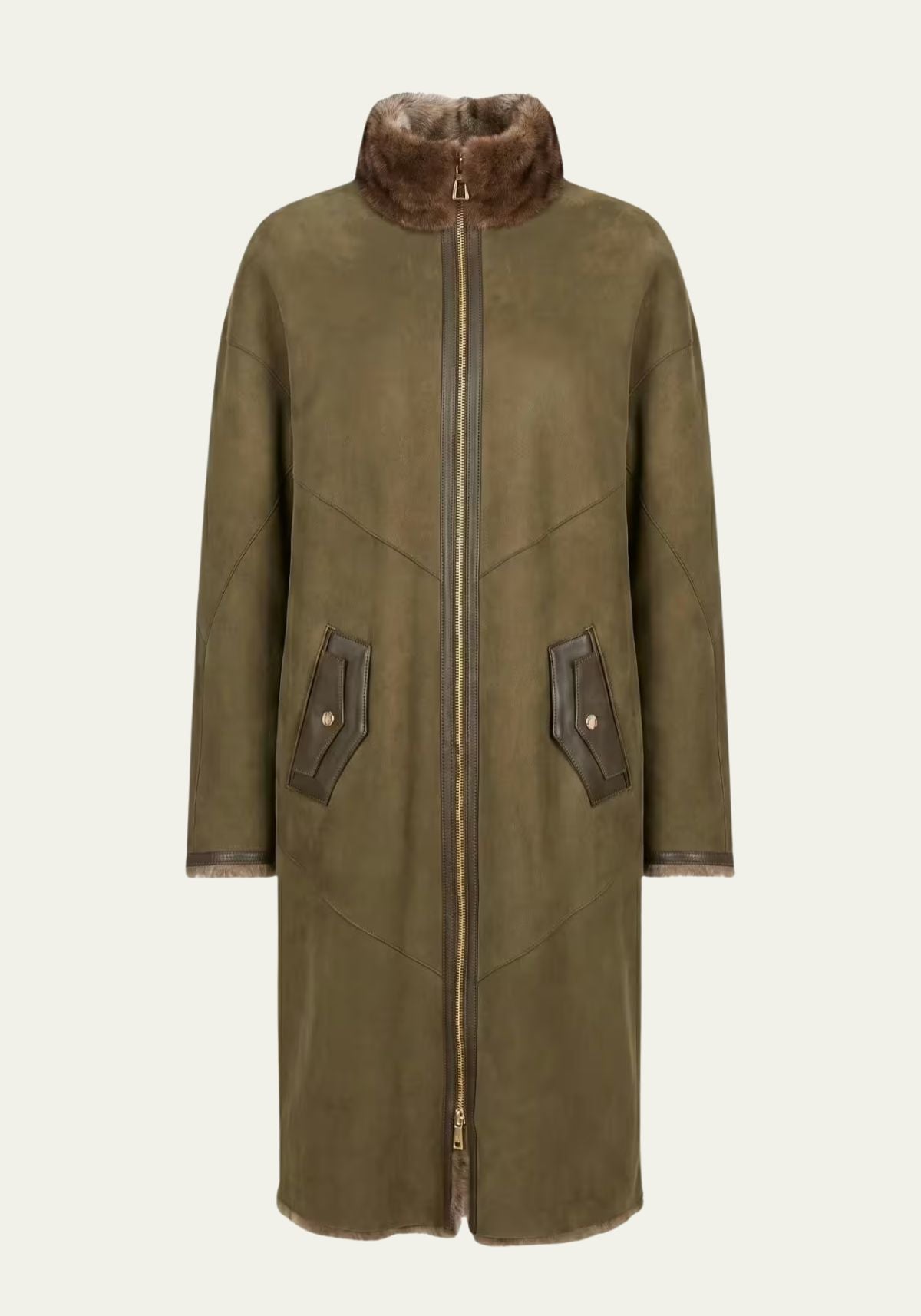 Sheepskin ladies' coat in olive with stand-up collar, zip fastening and pockets, front view.