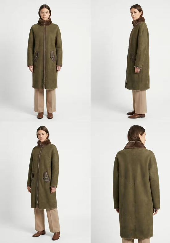 Ladies' sheepskin coat in olive shown in four views from the front, side and back.