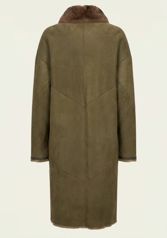 Back of the ladies' sheepskin coat in olive, isolated, with a smooth surface and clean shape.