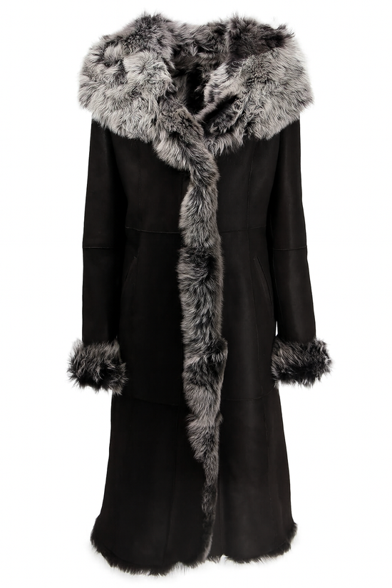 Black women's sheepskin coat with grey curly sheepskin hood and trim, shown from the front