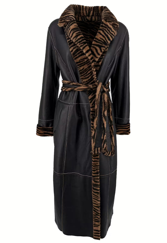 Reversible sheepskin coat in black with tiger-pattern trim, cut out and shown from the front.