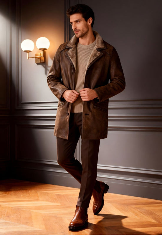 Men's sheepskin coat in chocolate worn open on a model with a shirt and elegant styling.