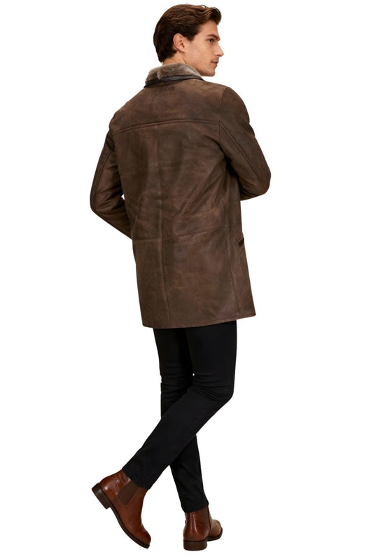Men's sheepskin coat in chocolate seen from the back on the model, with straight cut and shearling collar.