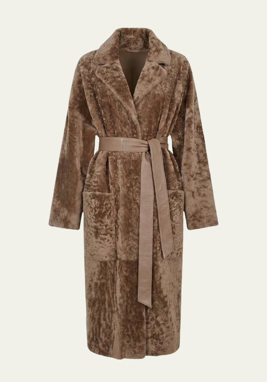 Shearling sheepskin coat for women in cappuccino shown from the front with tie belt