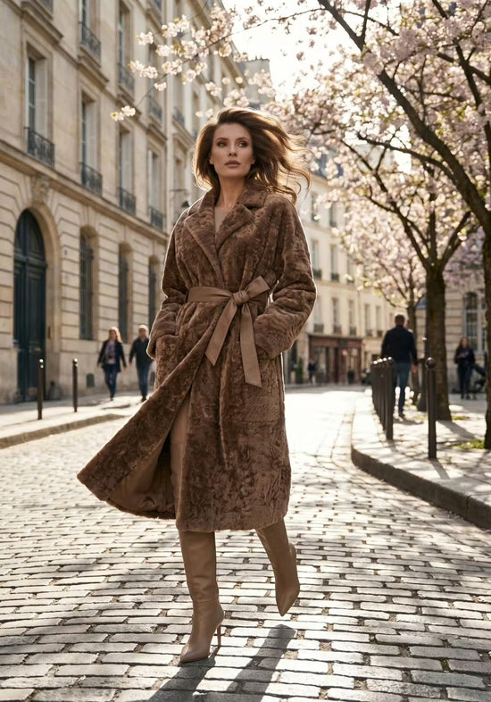 Women’s shearling sheepskin coat in cappuccino worn outdoors on a city street