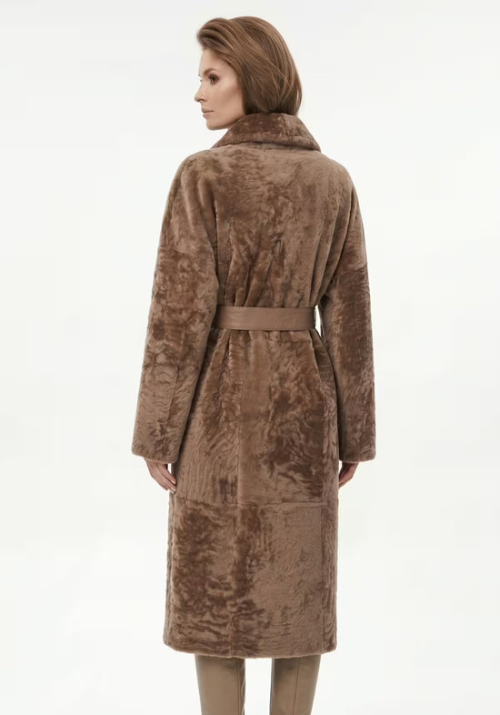 Women’s shearling sheepskin coat in cappuccino, back view with tie belt
