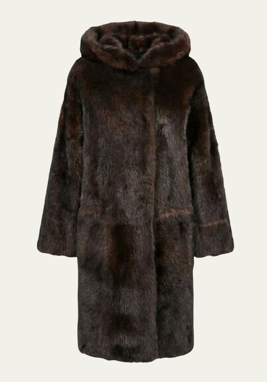 Brown Toscana sheepskin coat for women shown from the front with hood.