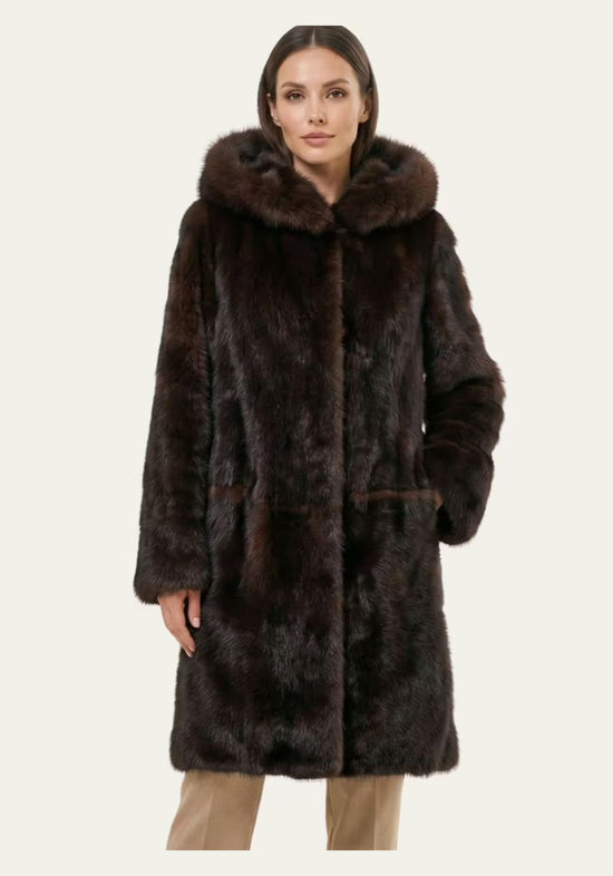 Brown Toscana sheepskin coat for women worn by a model, front view with hood.