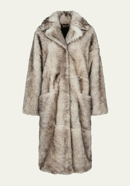Sheepskin coat made of Toscana sheepskin in frost grey with a wide lapel collar, shown frontally freestanding.