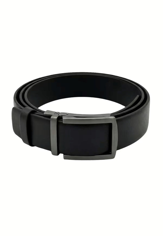 Black leather belt made of buffalo leather with a matte buckle in front view.