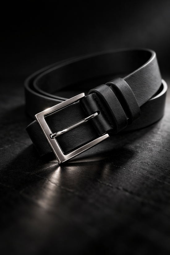 Black leather belt made from buffalo leather with a silver prong buckle on a dark surface