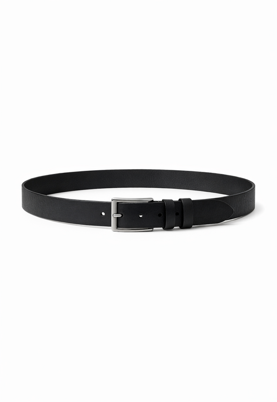 Black leather belt made from buffalo leather shown frontally and isolated