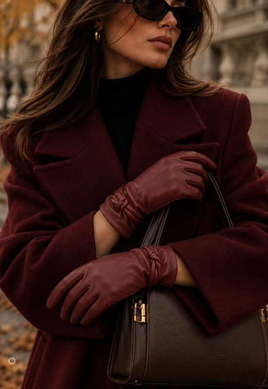 Damen-Lederhandschuhe mit 100 % Kaschmirfutter Bordeaux O02