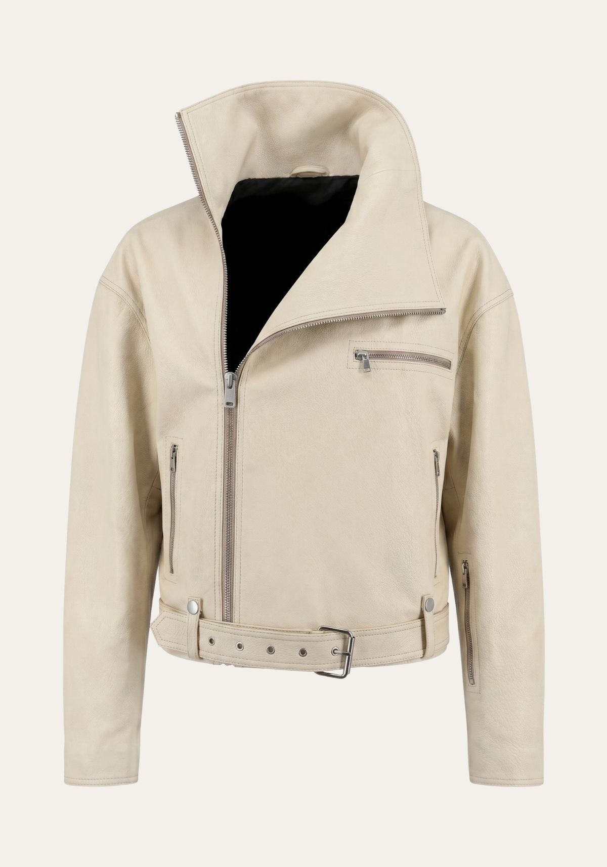 Beige women's leather biker jacket shown front-on, cut out on a plain background with zips.