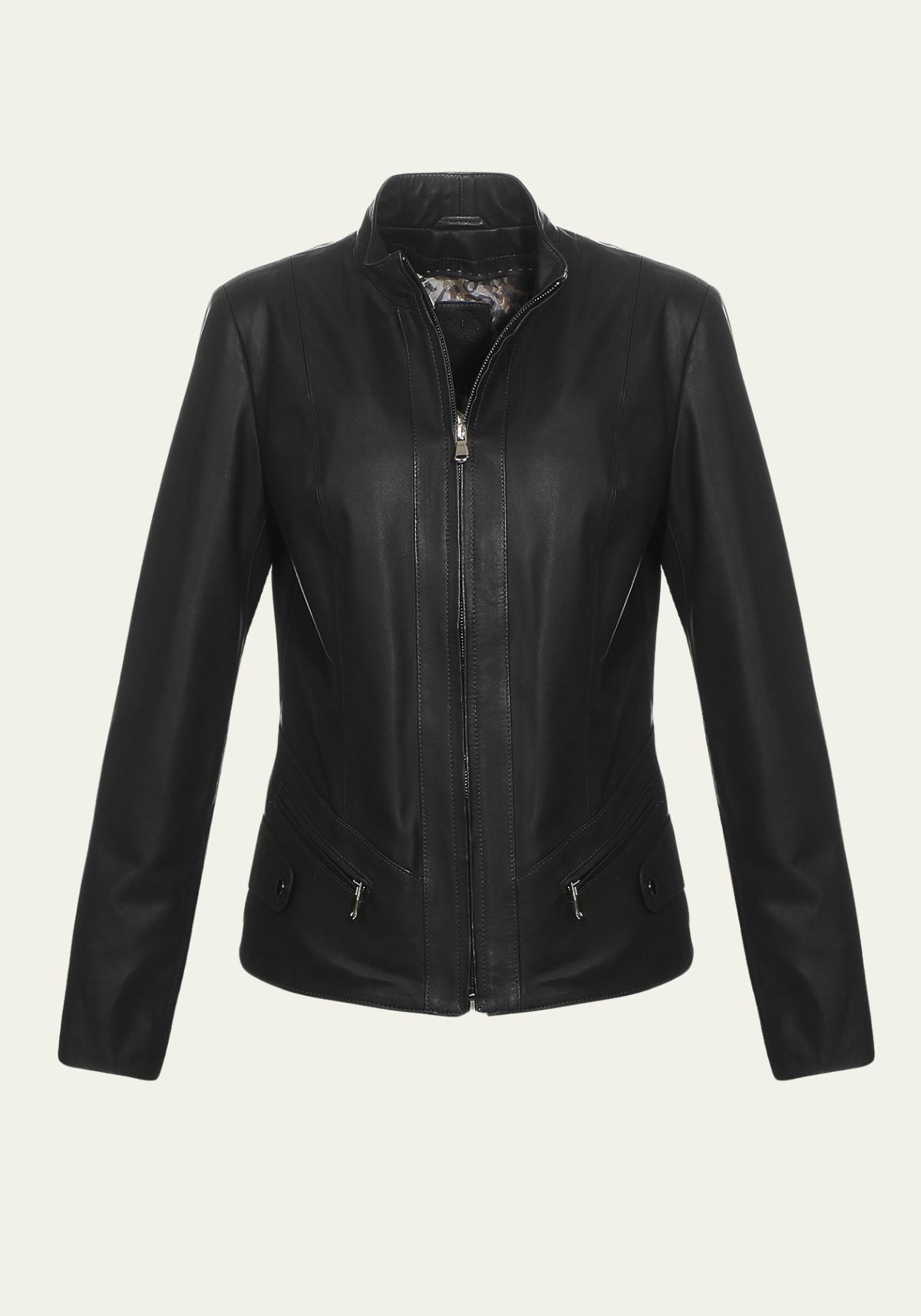 Schwarze Damen-Lederjacke aus Lammnappa mit Stehkragen und Reißverschluss, Vorderansicht auf neutralem Hintergrund
