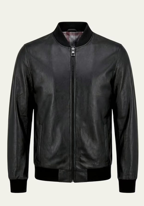 Men's leather jacket in black lamb nappa leather, shown from the front with stand collar and zip.