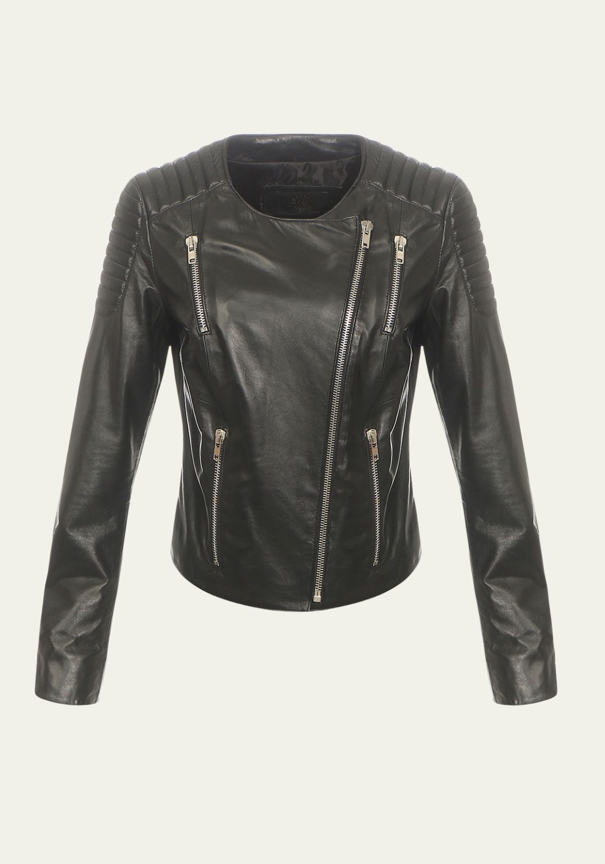 Damen Lederjacke aus schwarzem Lammnappa, Vorderansicht mit Reißverschlüssen und Raglanärmel