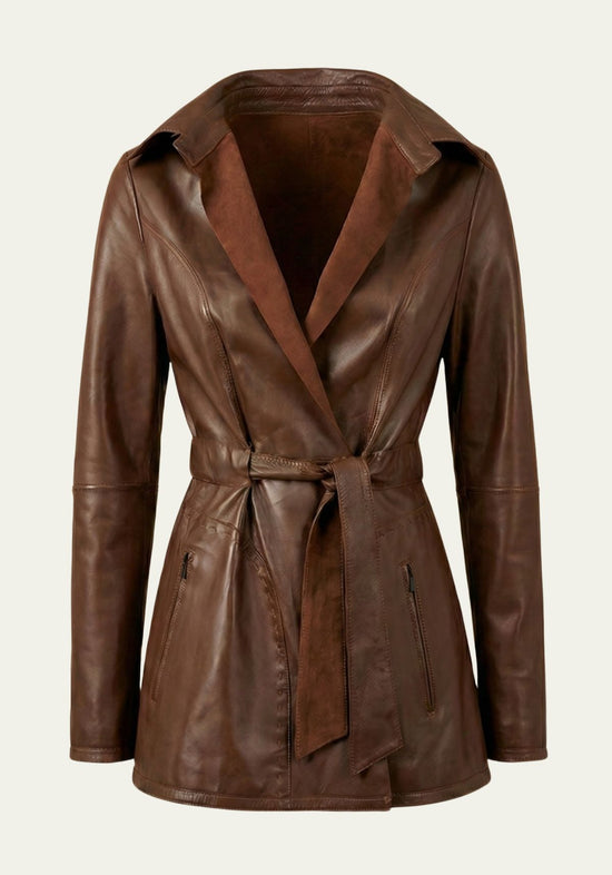 Brown women's leather jacket in leather, shown front-facing and cut out with smooth finish and tie belt.