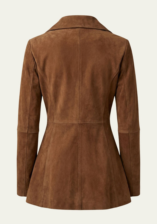 Rear view of the brown women's leather jacket in leather with a smooth texture and slightly flared hem.