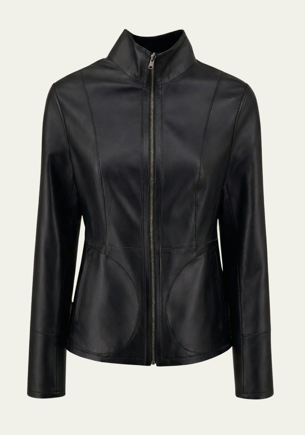 Women's leather jacket in black, shown from the front with stand-up collar and zip fastening.