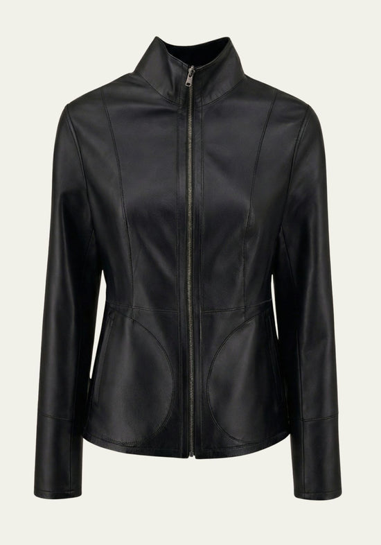 Women's leather jacket in black, shown from the front with stand-up collar and zip fastening.