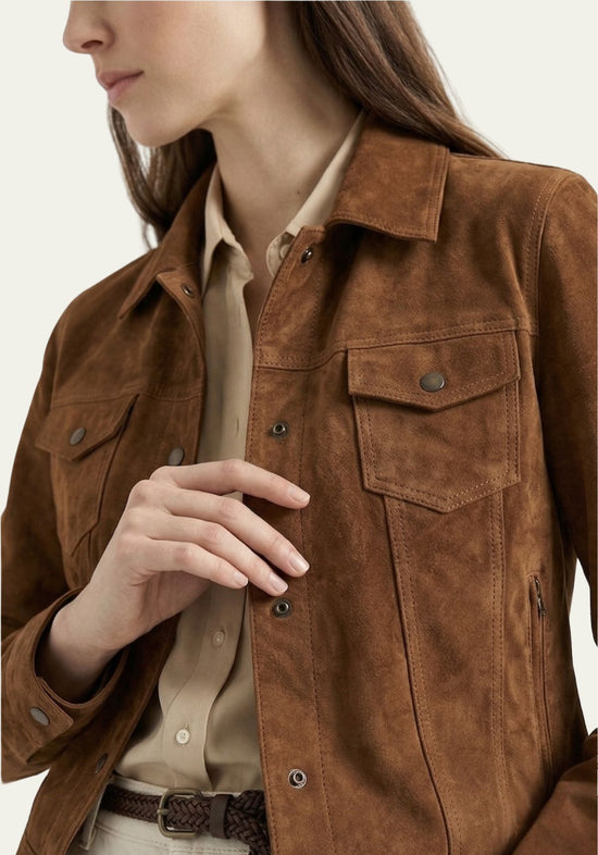 Women's leather jacket in suede, brown, detail of the chest pocket and lapel collar