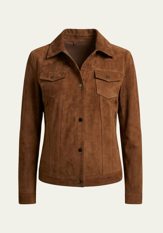 Women's leather jacket in suede, brown, front view with chest pockets and button placket