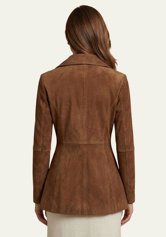 Rear view of the brown women's leather jacket in suede with a fitted shape and slightly flared hem.