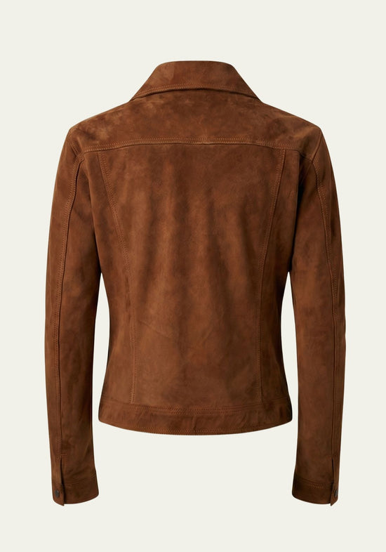 Women's leather jacket in suede, brown, rear view with a smooth back panel