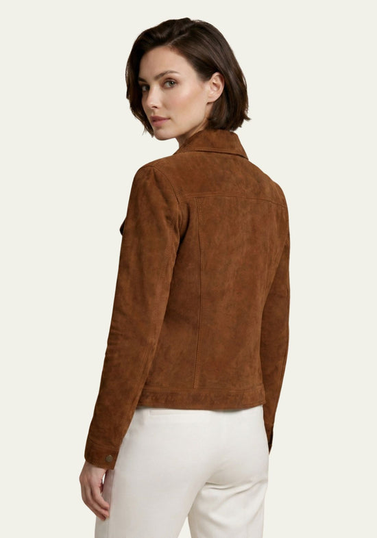 Women's leather jacket in suede, brown, worn rear view with a straight cut