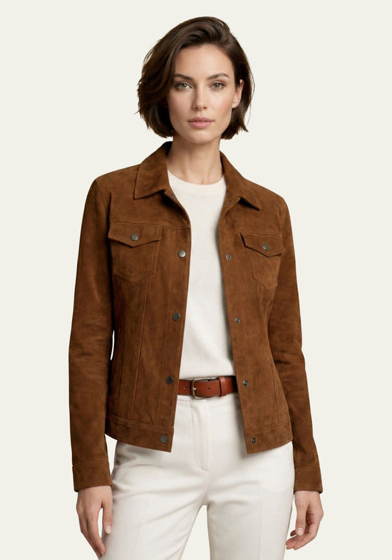 Women's leather jacket in suede, brown, worn front view with white trousers
