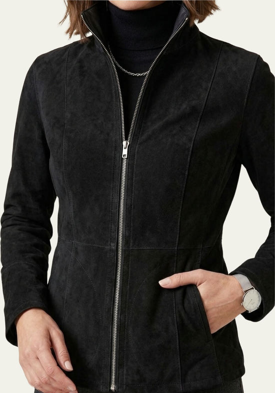Women's suede leather jacket in black with zip fastening and a patch pocket.