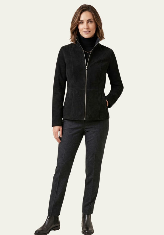 Women's suede leather jacket in black, shown as a full-length worn view.