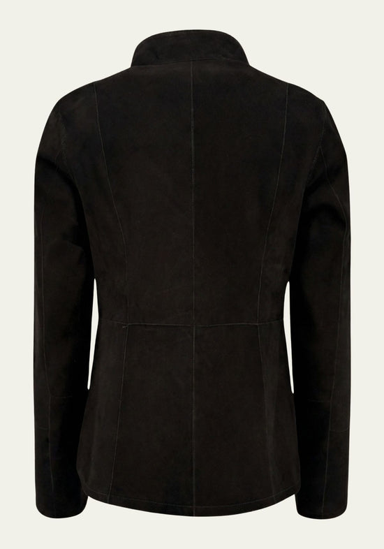 Rear view of a women's suede leather jacket in black with a slim fit.