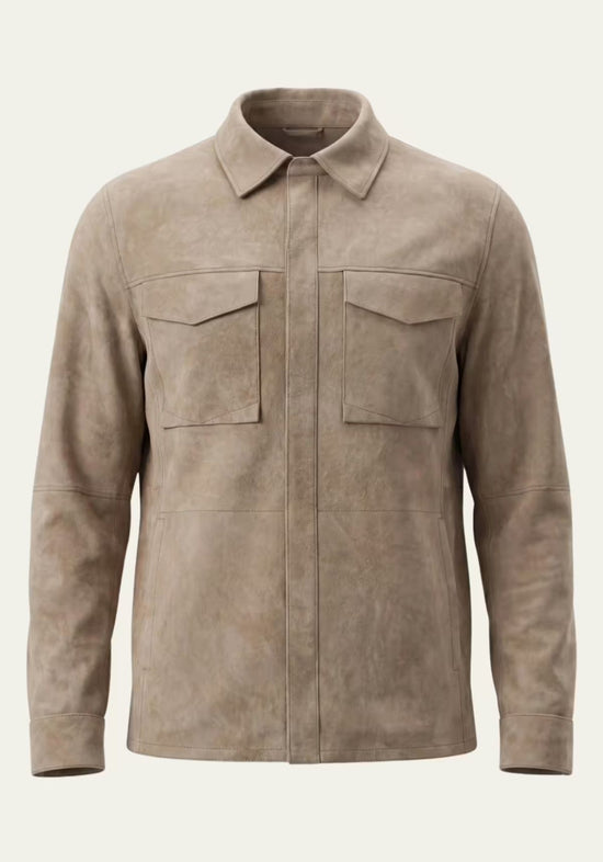 Beige men's leather jacket in suede, shown from the front with two chest pockets