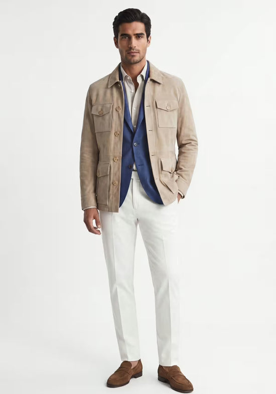 Beige men's leather jacket in suede shown frontally with the buttons open