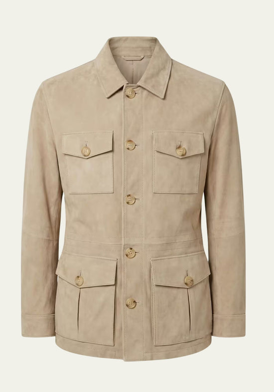 Beige men's leather jacket in suede with safari pockets, shown from the front