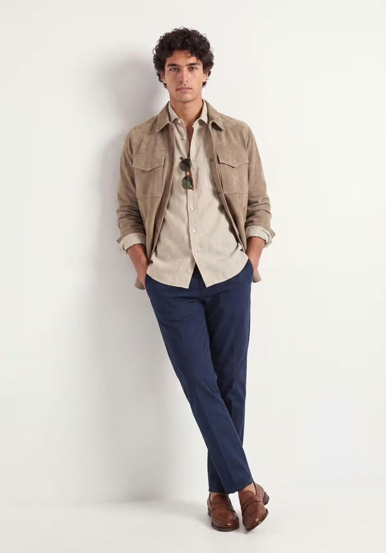 Beige men's suede leather jacket, worn open in a full-body view