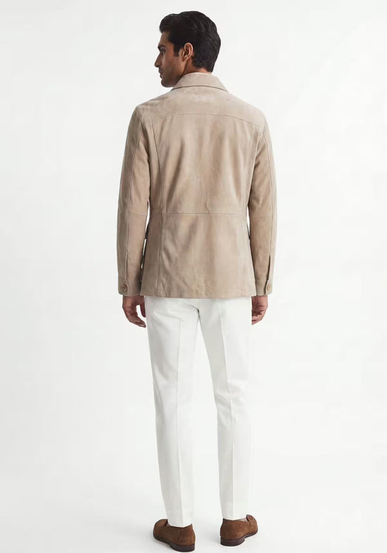 Beige men's leather jacket in suede shown from the back with a straight cut