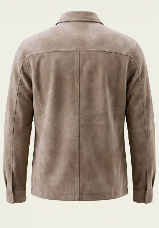 Back of the beige men's suede leather jacket with a central seam
