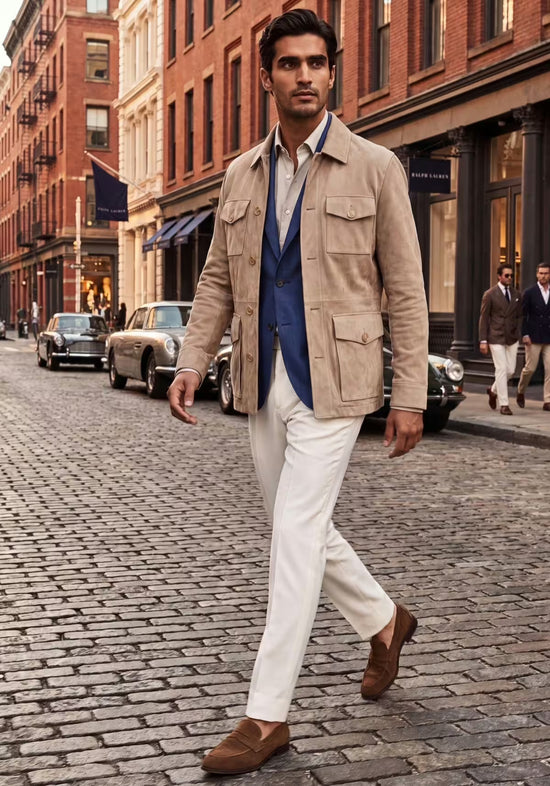 Beige men's leather jacket in suede in a street view with white trousers
