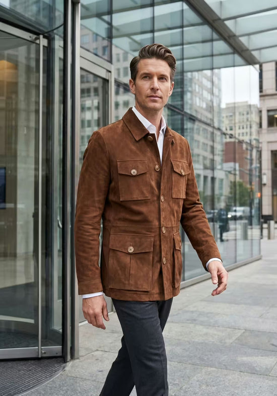 Men's suede leather jacket in cognac, worn outdoors in a full-body view by a glass façade.